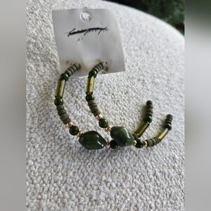 NWT! Free People, Beaded Boho Hoop Earrings, Green, MSRP $38
